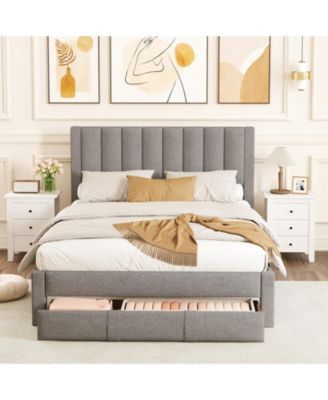 Queen Size Bed Frame with Storage Drawer and Vertical Channel Headboard