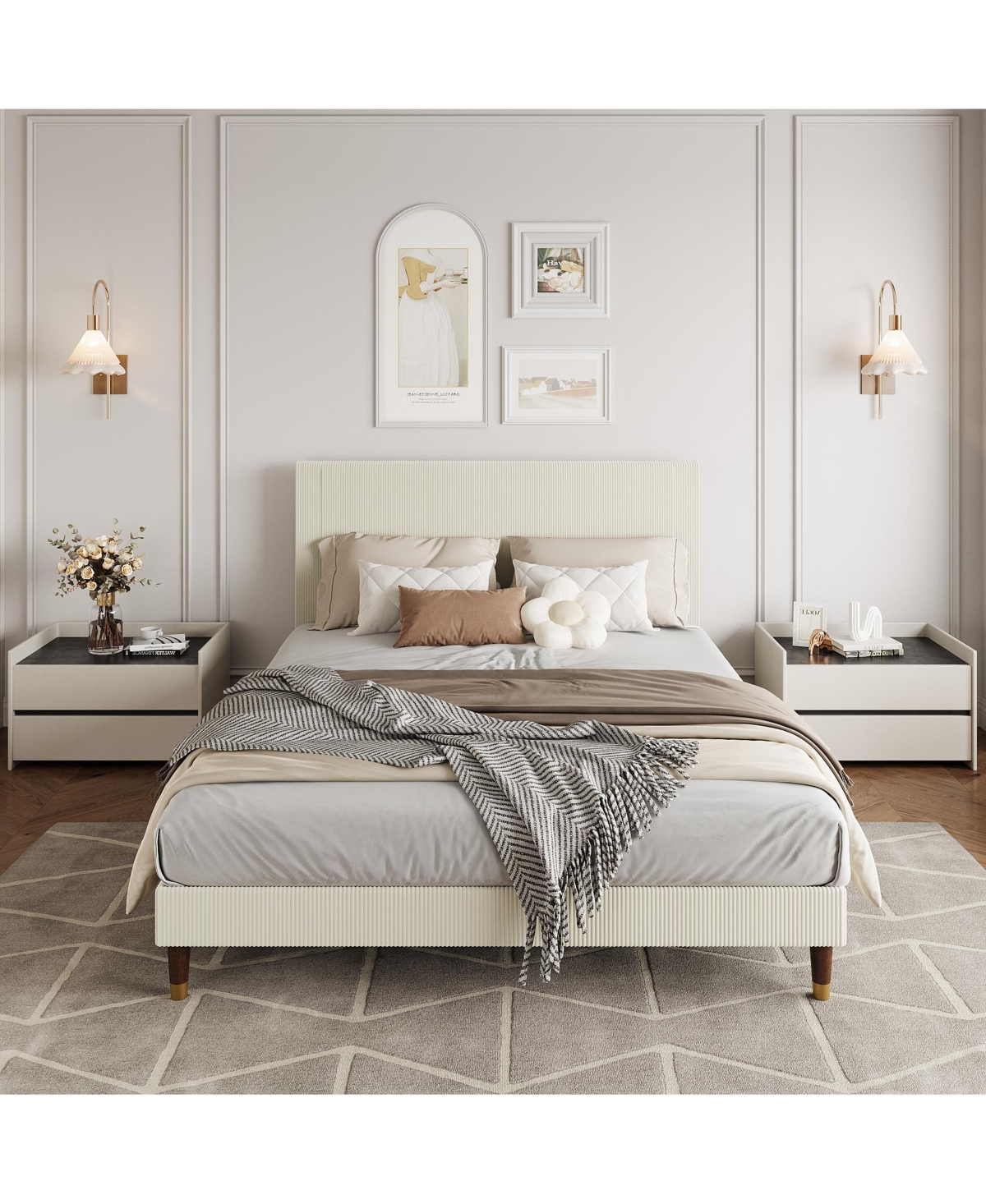 Homfan upholstered platform bed with headboard, modern low profile design, sturdy metal frame, wood slats, noise free, no box spring