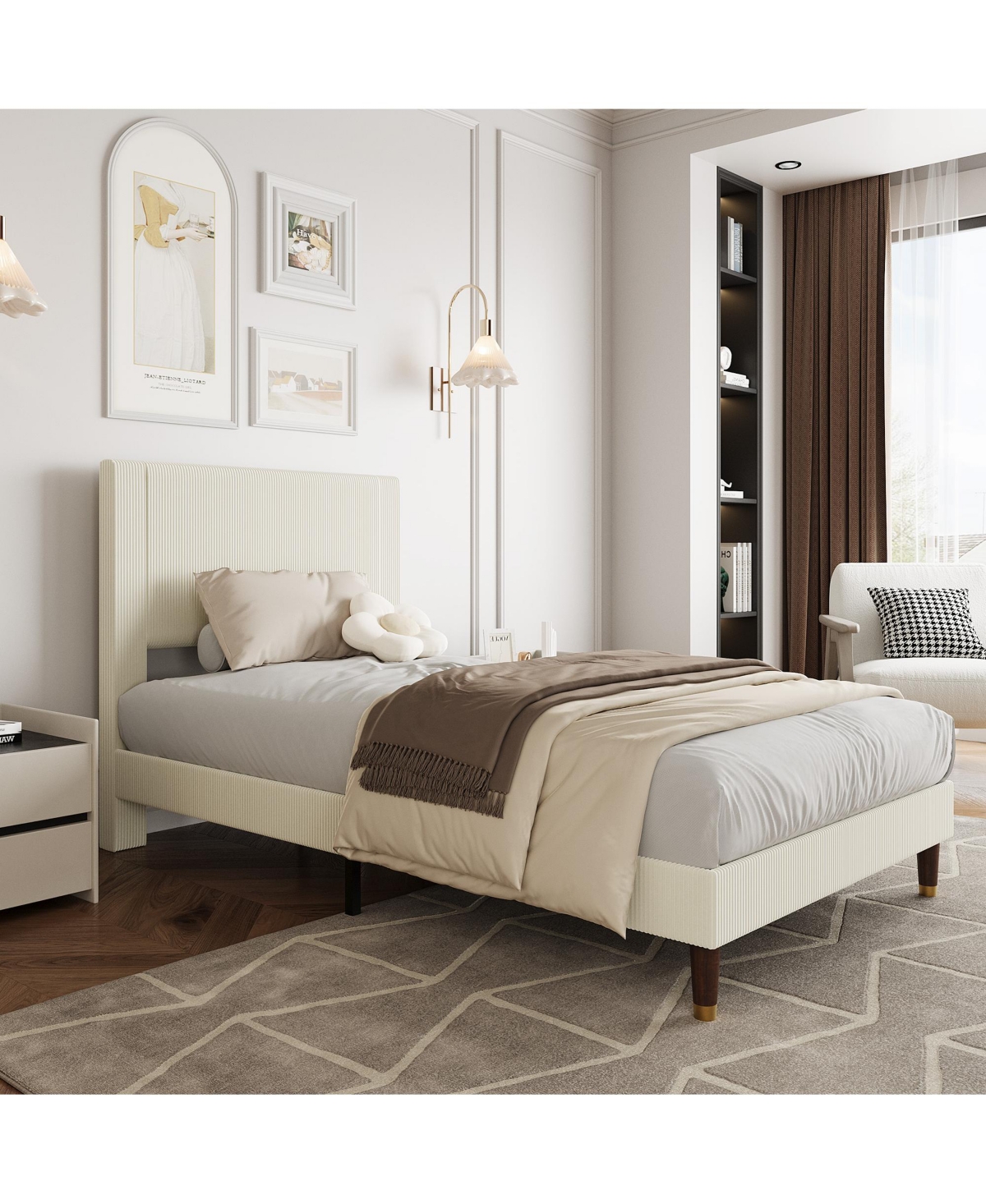 Homfan upholstered platform bed with headboard, modern low profile design, sturdy metal frame, wood slats, noise free, no box spring