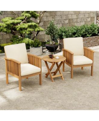 Outdoor Acacia Wood Patio Conversation Set with 2 Club Chairs Foldable End Table Brown Patina Cream Cushion for Garden Deck