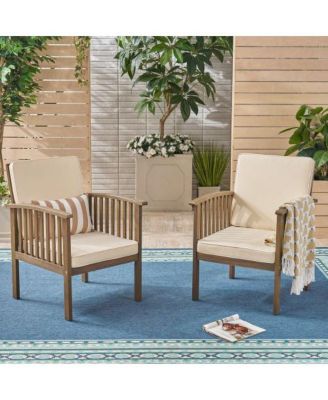 Outdoor Acacia Wood Conversation Set 2 Club Chairs with Foldable End Table Grey Finish Cream Cushion for Garden Patio Deck
