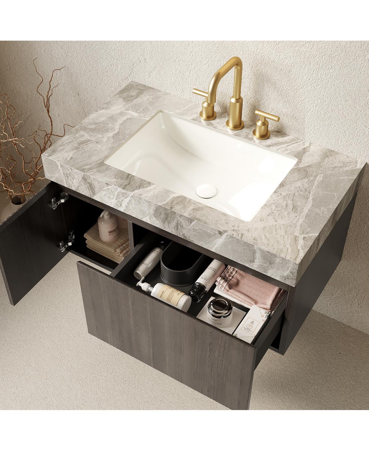 Sillysis Floating Bathroom Vanity with Italian Sintered Stone Top, Plywood Cabinet, 3 Hole Ceramic Sink, Soft Close Storage
