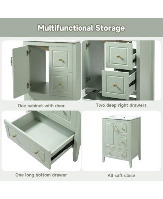 24" Light Green Bathroom Vanity with Ceramic Sink, Freestanding Retro MDF Cabinet, Soft-Close Drawers, Ample Storage for Small Spaces