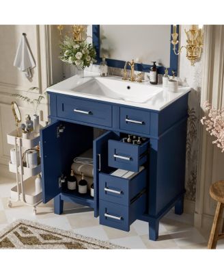 30 Inch Modern Bathroom Vanity with Ceramic Sink, Solid Wood MDF Freestanding Cabinet, Soft Close Drawers for Small Spaces