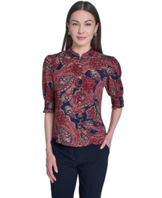 Women's Paisley Print Ruffle Neck Button Up Blouse