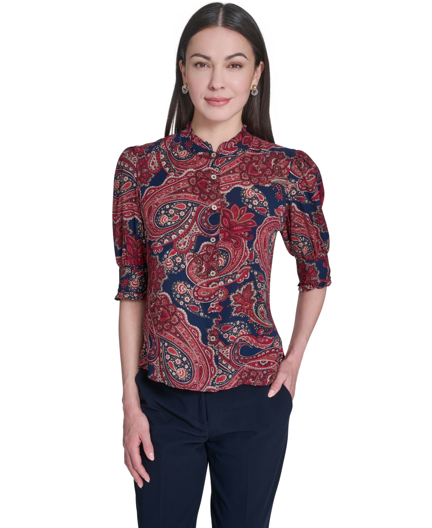 Women's Paisley Print Ruffle Neck Button Up Blouse