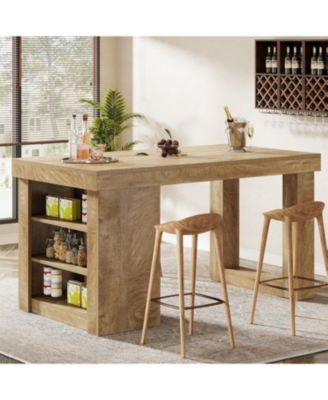Wooden Farmhouse Bar Table, 55" Large Counter Height Table with Storage Shelves, Modern Home Bar Furniture
