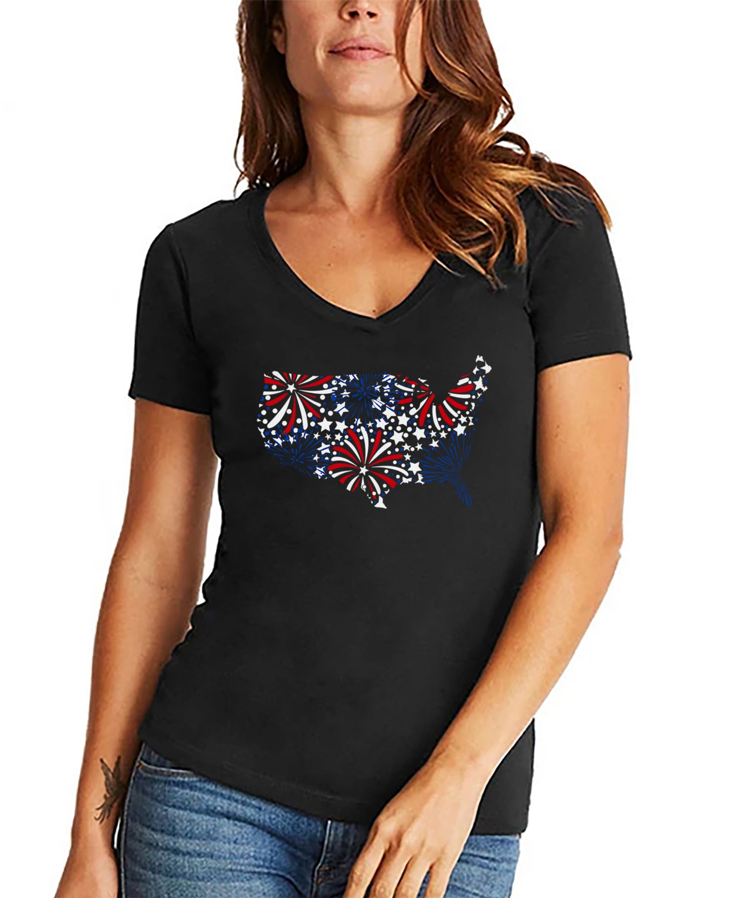 Women's USA Fireworks Word Art V-Neck T-Shirt