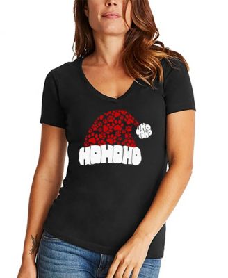 Women's Paw Print Santa Hat Word Art V-Neck T-Shirt