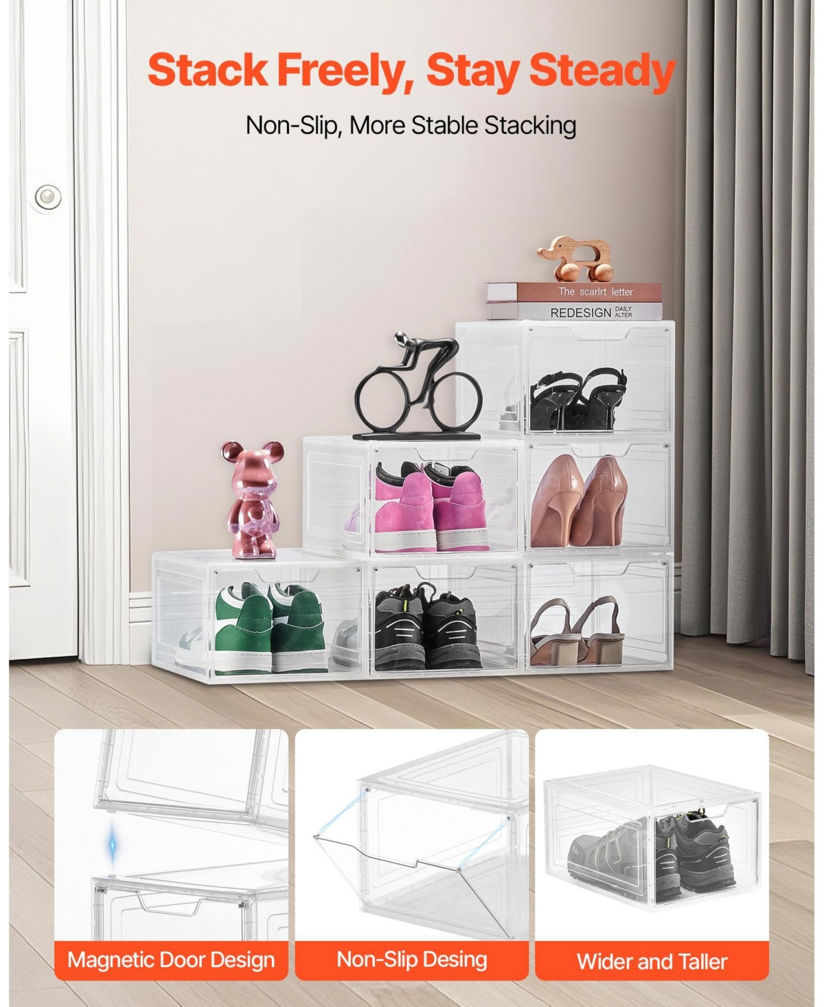 Gouun Stackable Clear Shoe Organizer Boxes with Magnetic Door, 6 Pack, Us Size 13