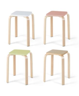 Set of 4 Colorful Square Wooden Stools with Anti-Slip Felt Mats