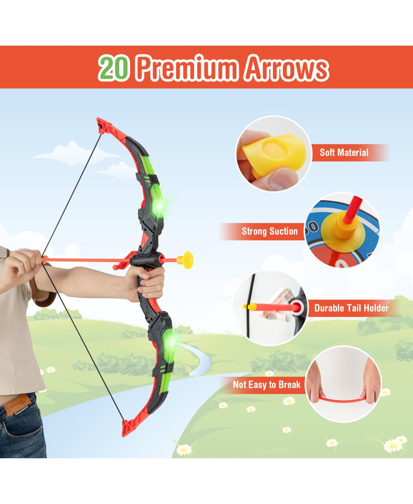Детские игрушки Slickblue Youth Archery Bow Set with LED Light-Up Bow and Suction-Cup Arrows, Ages 3+, цвет: Синий / Зелёный — фото 6