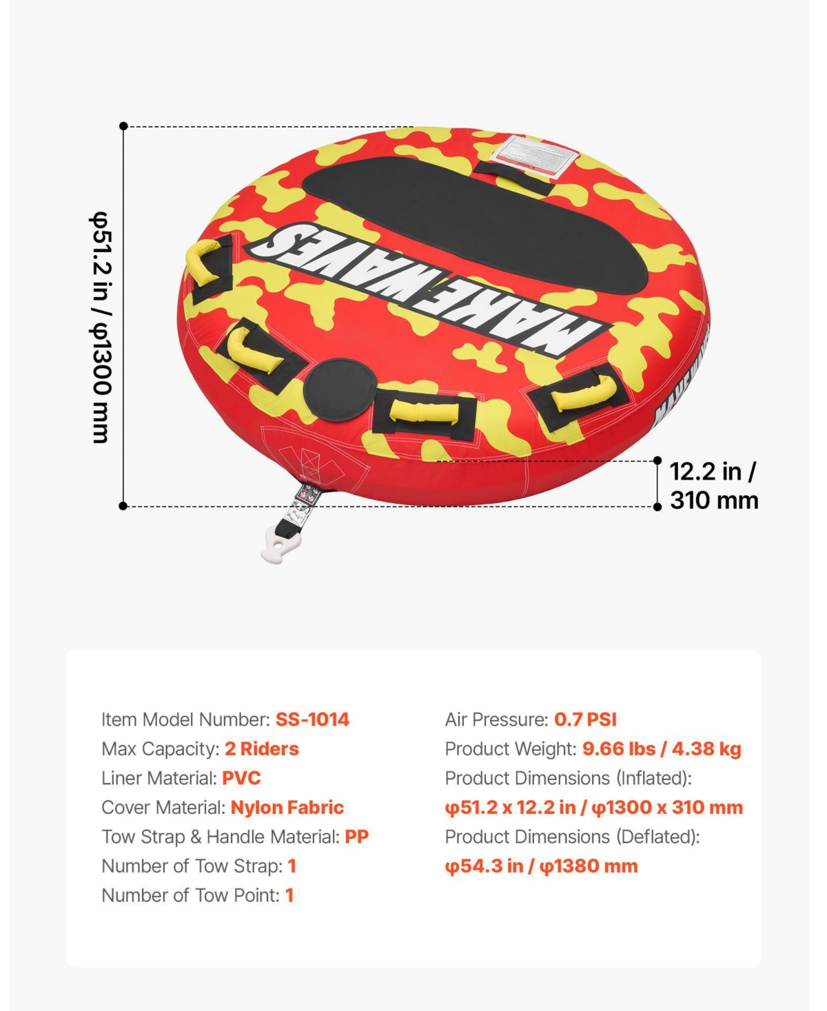 Mecale 2-Rider Inflatable Towable Tube 340 lbs Full Nylon Cover