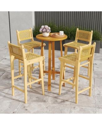 Teak Wood Bar Height Stool with Hand-Woven Rattan Backrest and Integrated Footrest