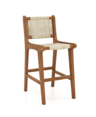 Counter Height Wicker Stool with Teak Wood Frame and Contoured Backrest