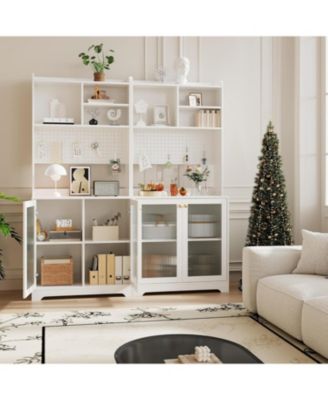  Pantry Cabinet 6 Tier Freestanding Tall Cupboard Storage Unit with Pegboard 2 Cabinets Open Shelves Glass Doors