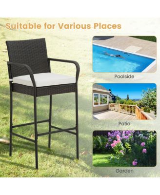 4PCS Patio PE Wicker Bar Chairs Counter Height Barstools With Armrests and Cushions