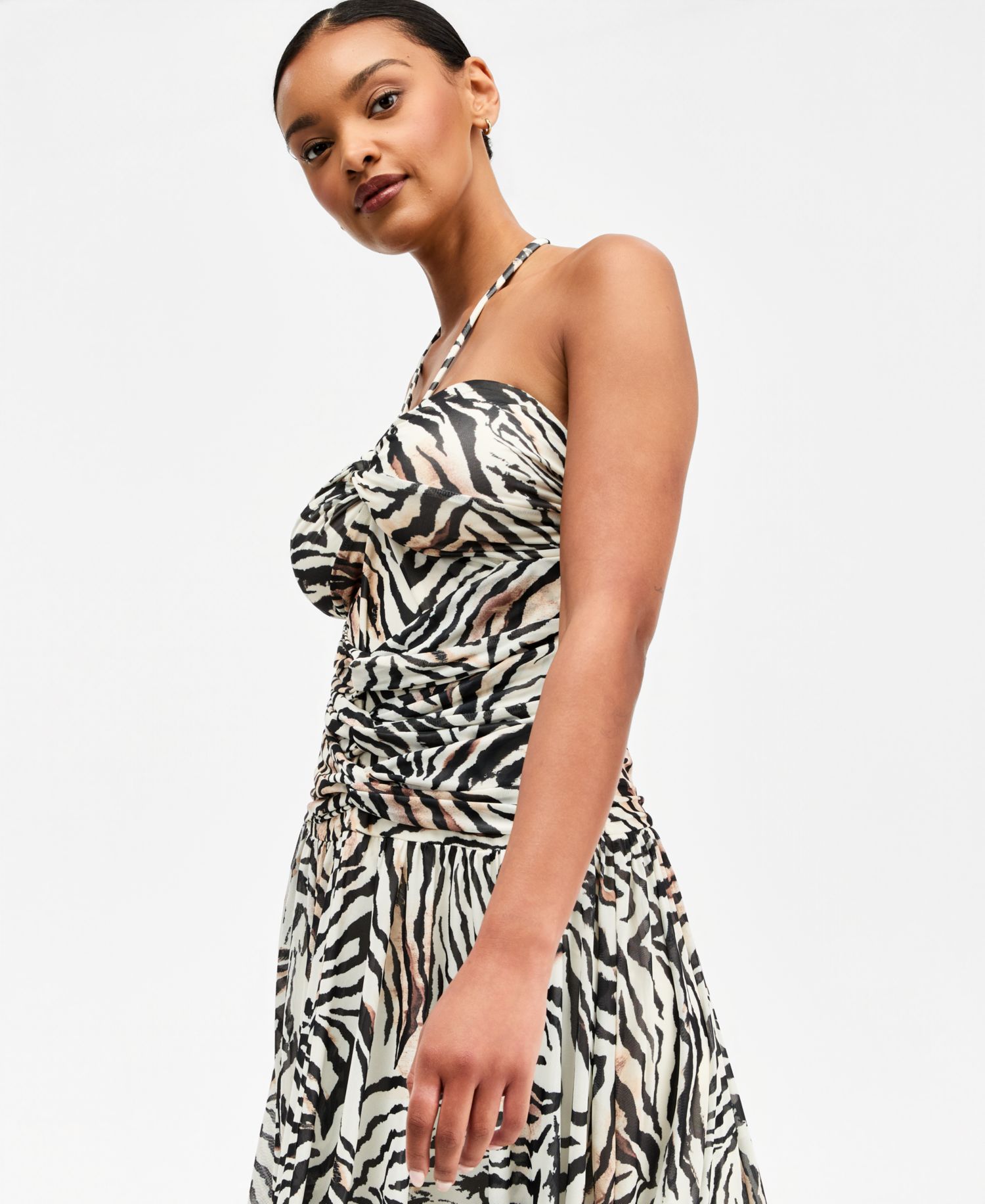 Women's Zebra Printed Asymmetric Mesh Midi Dress