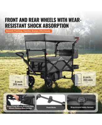 Wagon Stroller for 2 Kids, Collapsible Push Pull Quad Stroller with Adjustable Handle, Harness, Removable Canopy