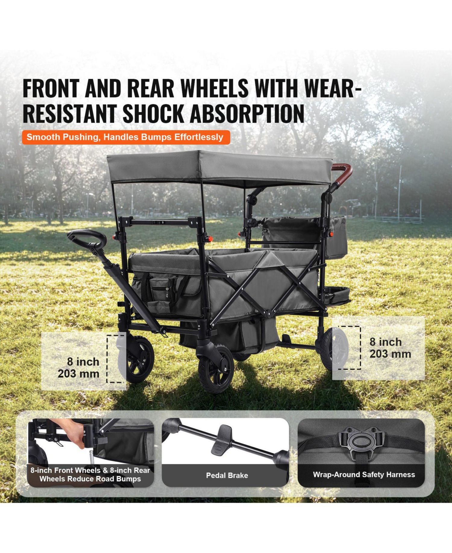 Wagon Stroller for 2 Kids, Collapsible Push Pull Quad Stroller with Adjustable Handle, Harness, Removable Canopy