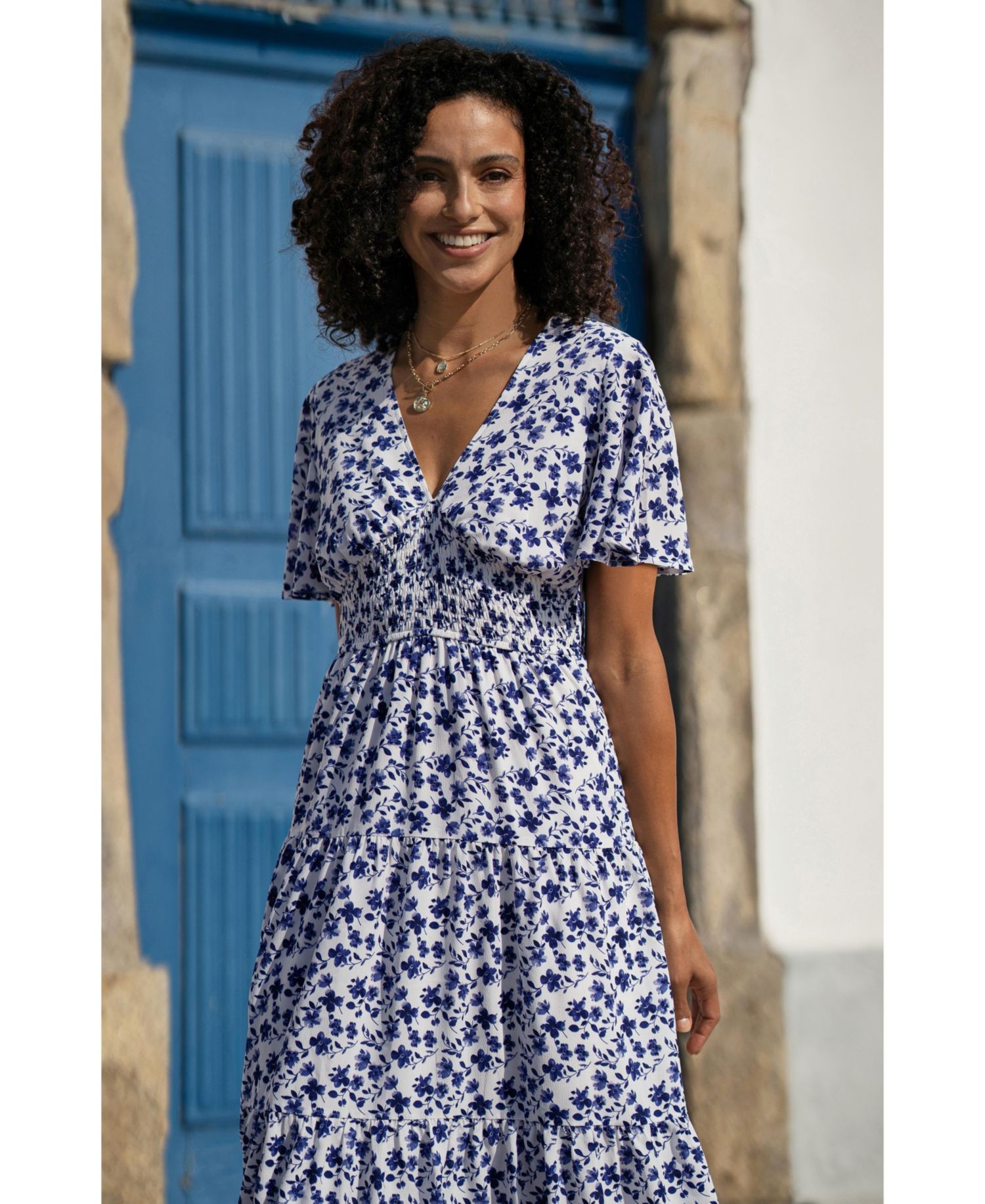 Women's Floral Angel Sleeve Midi Dress