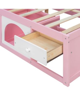 Modern Wooden Full Size Platform Bed Frame for Kids Teens, Integrated with Bookshelf, Side Display Cabinet, LED Lighting and Storage Drawer