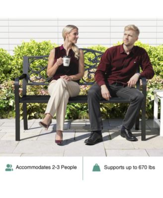 50 Inches Outdoor Cast Iron Metal Patio Bench with Floral Design Backrest and Slatted Seat