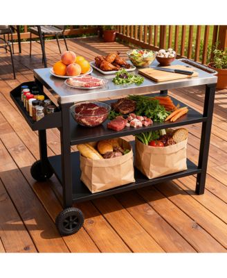 3-Tier Outdoor Grill Cart with Stainless Steel Top and Side Shelf