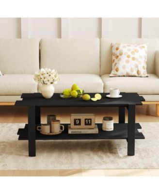 2-Tier Coffee Table Slatted Wood Center Table with Storage Shelf