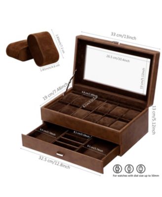 2Layer 12Slot Watch Box PU Leather Removable Pillows Clear Glass Lid Organizer Storage