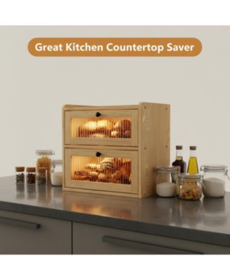 Double Layer Wooden Bread Box with Window Ventilation Pine Construction Countertop Storage