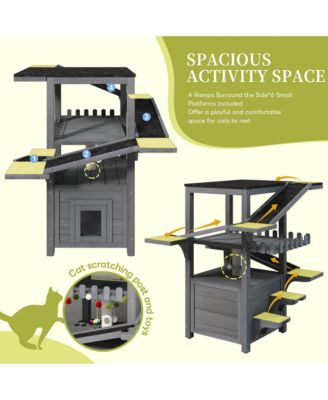 Outdoor Cat House 4 Tiers, Weatherproof Cat Tree Tower with Waterproof Roof, Multi-Level Play Zones with Balcony and 2 Doors, Grey