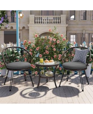 Rattan Balcony Furniture Set of 3, Weather Resistant Wicker Bistro Chairs with Round Glass Table, Perfect for Patio, Backyard and Garden