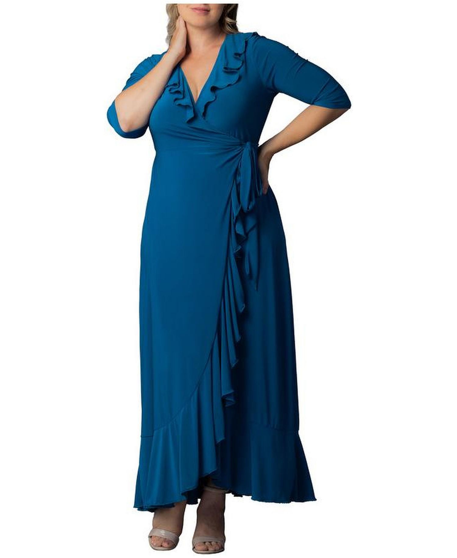 Plus Size Maritime Ruffle Maxi Dress with Sleeves