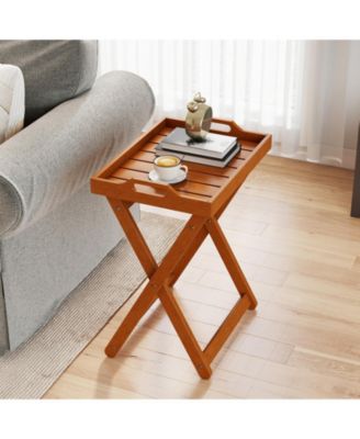 Outdoor Wood Tray Table Portable Side End Table with Folding Frame