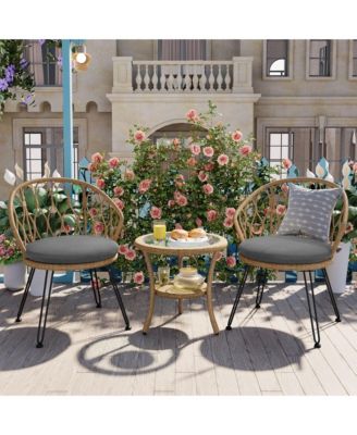 3 Pieces Rattan Bistro Set, Wicker Patio Chairs Set of 2 with Glass Round Table, Wicker Balcony Furniture for Porch, Backyard, Garden