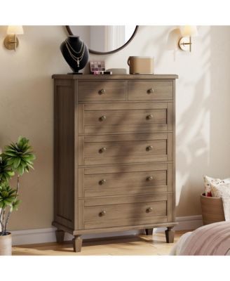 Bedroom 47" Tall 6 Drawer Dresser, Vintage Wood Chest of Drawers with Carved Handles.