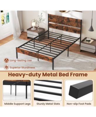 Full Size Metal Bed Frame with Wooden Headboard and Footboard