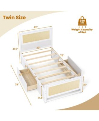 Twin Solid Wood Platform Bed Frame with Storage Drawers and Rattan Headboard