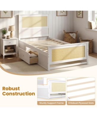 Twin Solid Wood Platform Bed Frame with Storage Drawers and Rattan Headboard