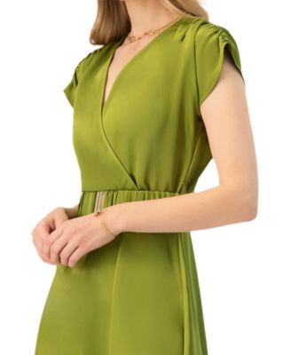 Women's Sleeveless Midi Satin Dress with Belt