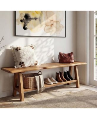 55'' Solid Wood Entryway Bench, Farmhouse Long End of Bed Bench with Live-Edge, Indoor Dining Seat