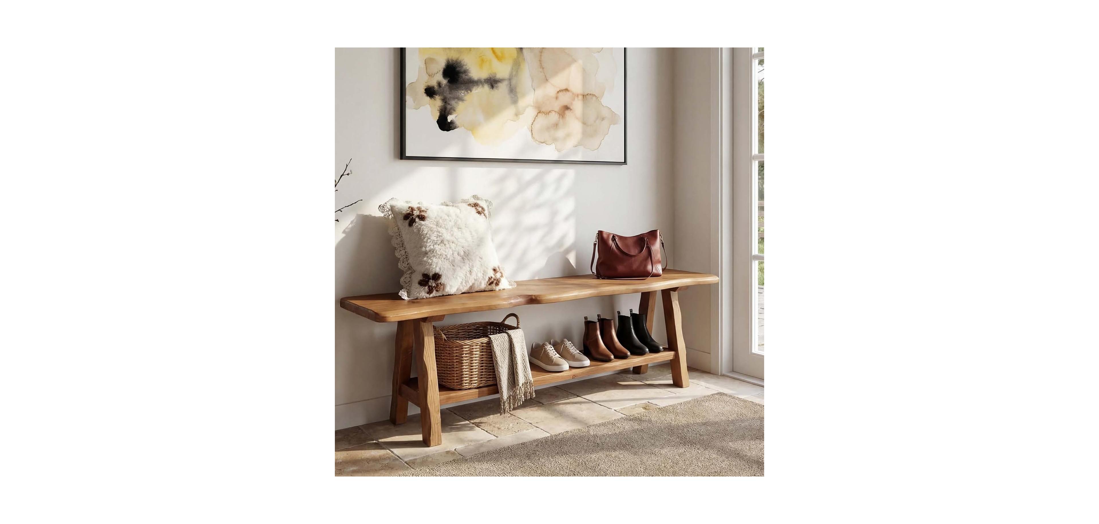 Tribesigns 55'' Solid Wood Entryway Bench, Farmhouse Long End of Bed Bench with Live-Edge, Indoor Dining Seat