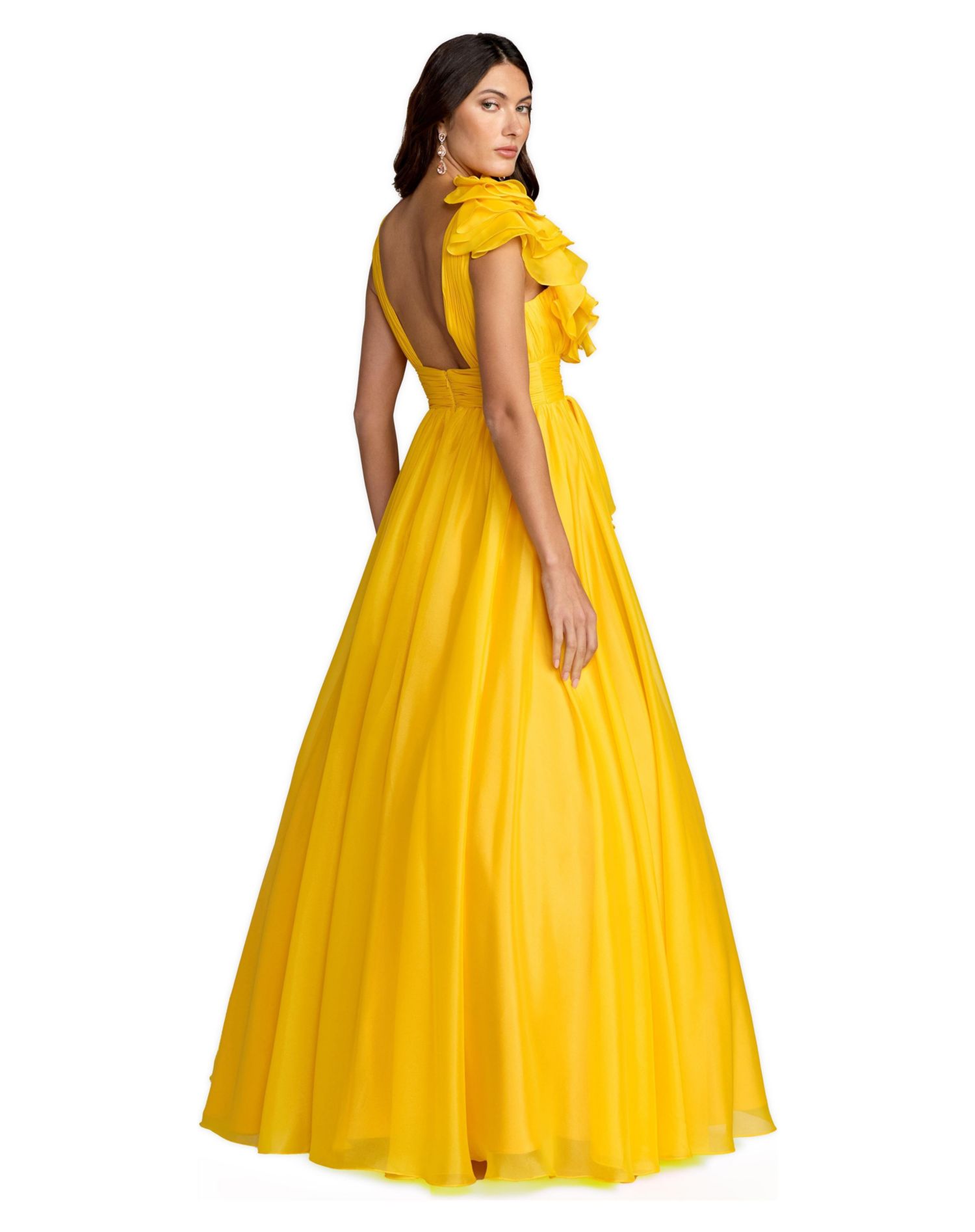 Women’s One-Shoulder Ruffle Ball Gown with Plunging V-Neck