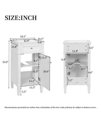 18 Inch Bathroom Vanity with Ceramic Sink Freestanding Single Vanity Soft Close Door Adjustable Shelf French Style Solid Feet