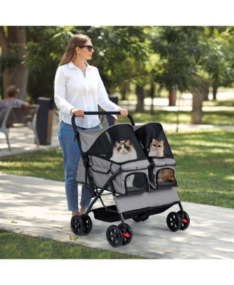 Foldable Double Pet Stroller with Sunshade and Basket