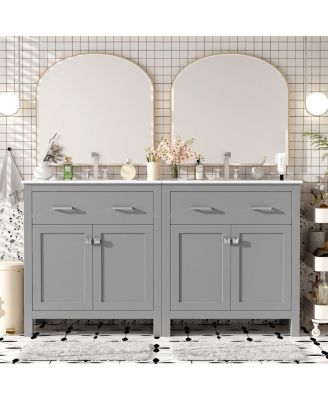 60 Inch Double Sink Bathroom Vanity with Ceramic Sinks, Solid Wood Frame, Flip-Out Drawer and Adjustable Shelf
