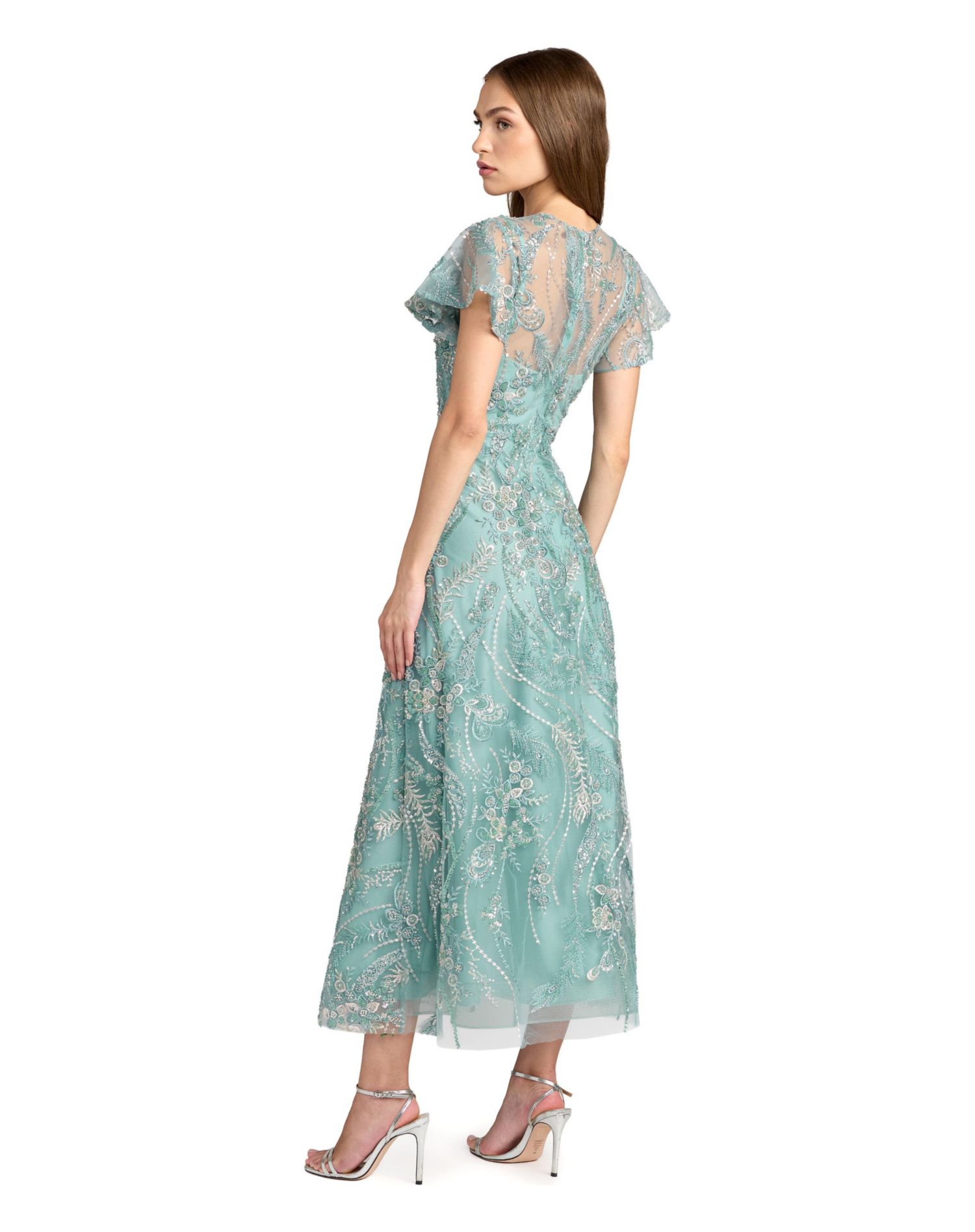 Women's Floral Embroidered Flutter Sleeve Ankle Dress