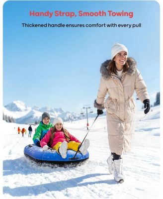 2-Person Inflatable Snow Tube with Dual Backrests and Tow Rope, Heavy Duty Canvas-Covered Blow Up Snow Sled