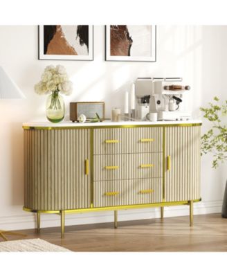Home 59in Sideboard Buffet Cabinet, Wood Grain Farmhouse Fluted Credenza Console Table, 6 Drawers 2 Sliding Doors.